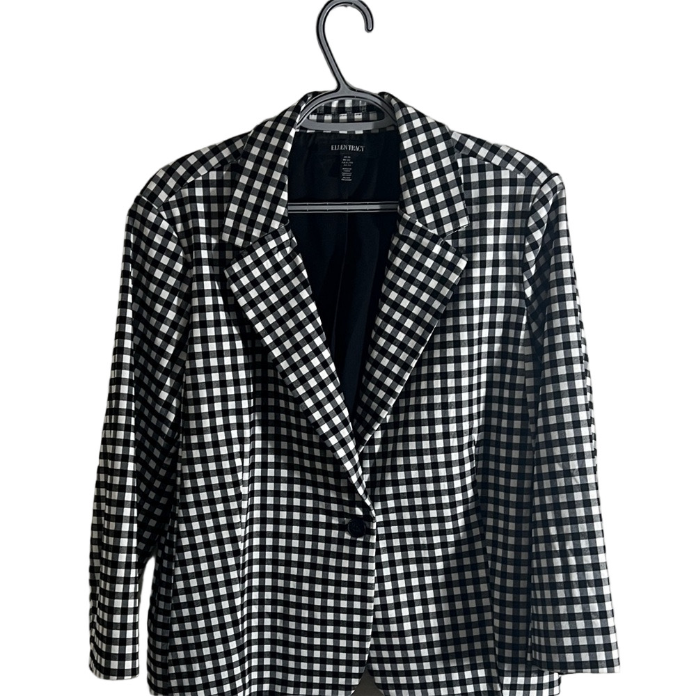 Ellen Tracy Gingham Plaid Blazer Black White Single Button Sz XL CAREER WORK